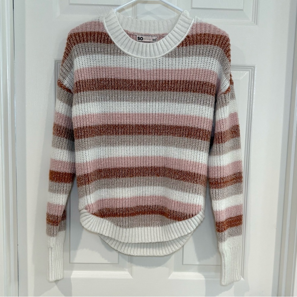 SO Long Sleeve Crew Neck Comfy Brown &Striped Sweaters Set Juniors Women Sz S-M - Picture 4 of 17
